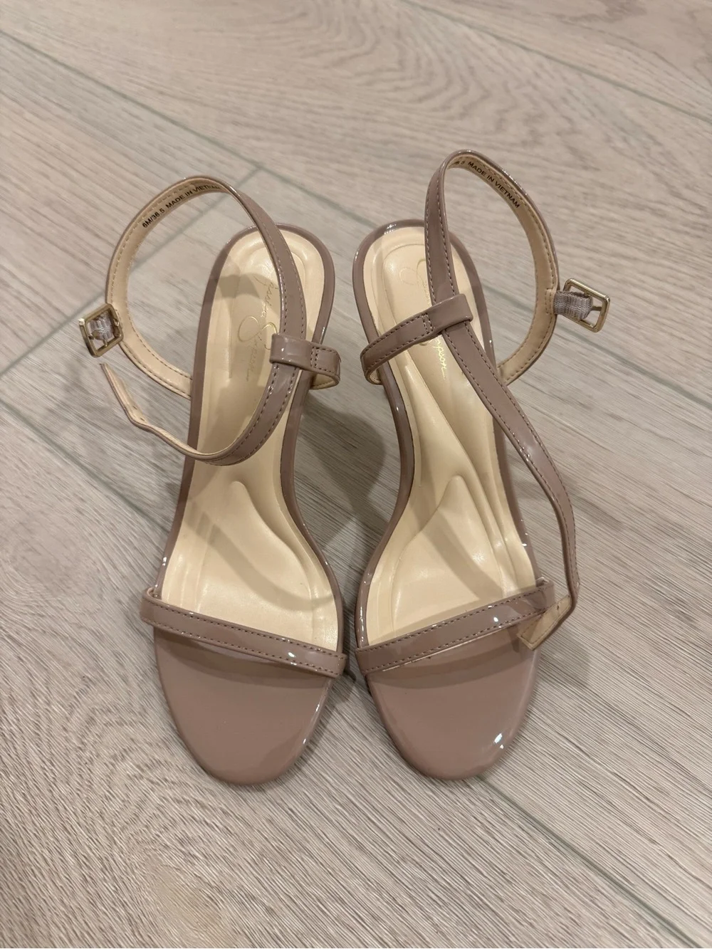 Nude Patent Strappy High Heel Sandals with Ankle Buckle